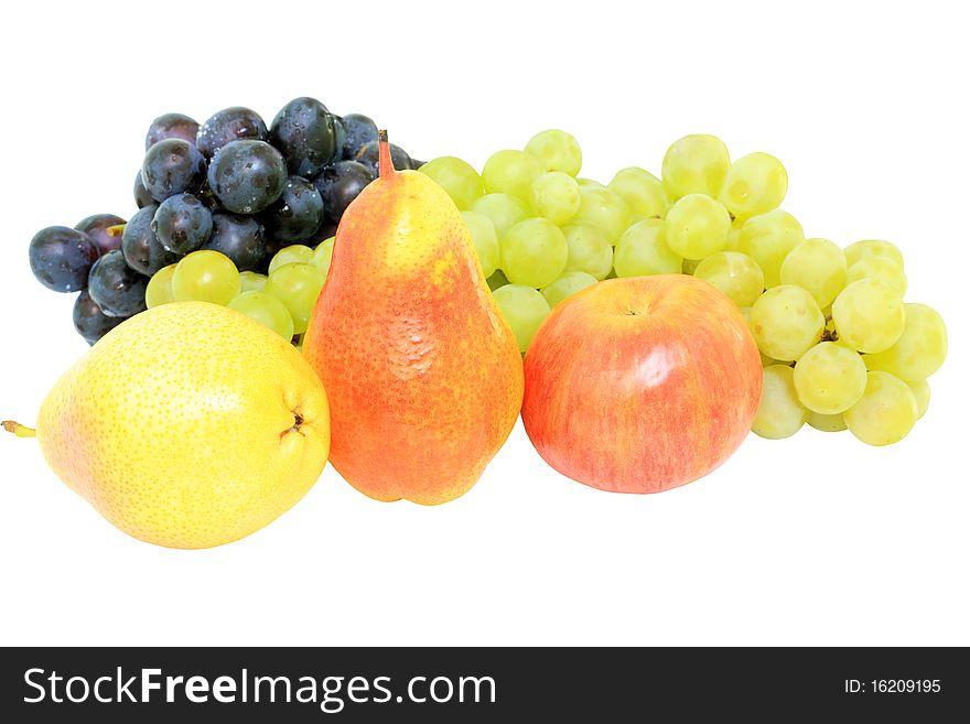 Pears and grapes on a white background