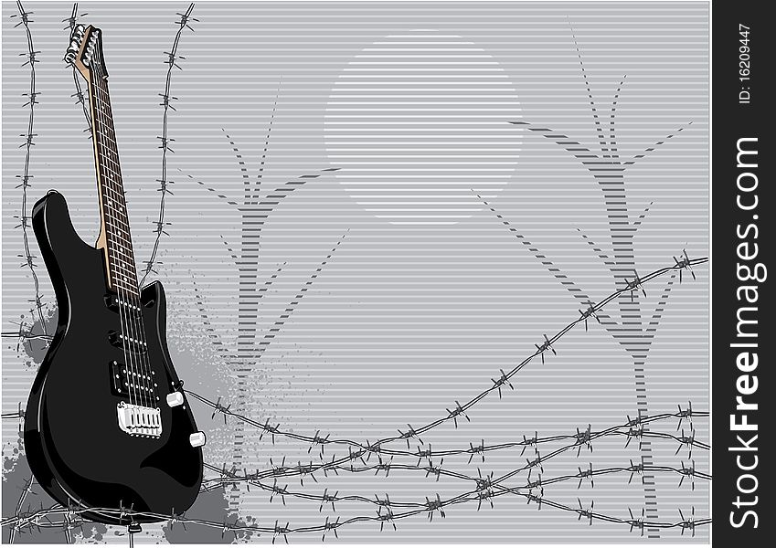 Drawing of a black electric guitar on a grunge background. Drawing of a black electric guitar on a grunge background.