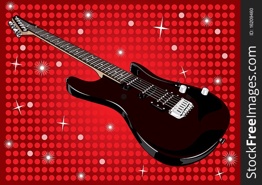 Illustration of a a black guitar with a funky red background. Illustration of a a black guitar with a funky red background