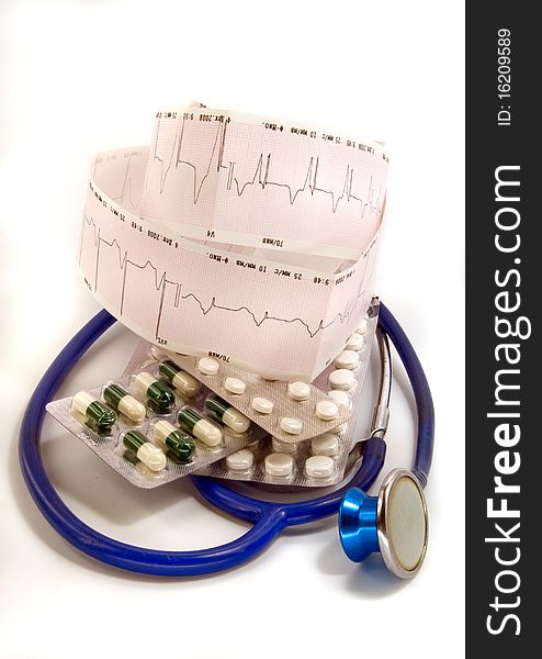 Cardiogram and stethoscope against white background