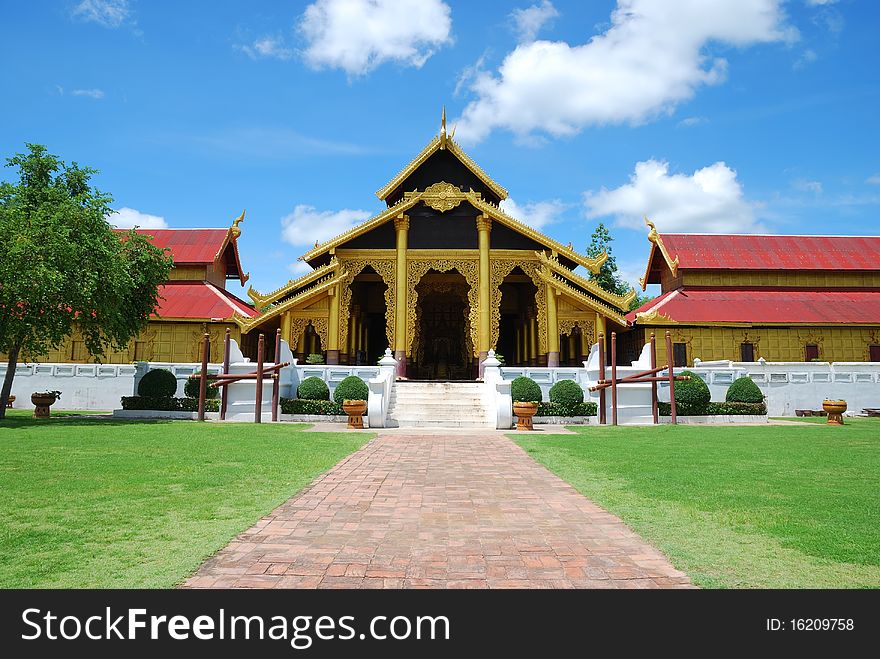 Pavilion of buddhist temple with brighten sky