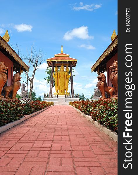 Buddha pavilion and walk way of buddhist temple with brighten sky