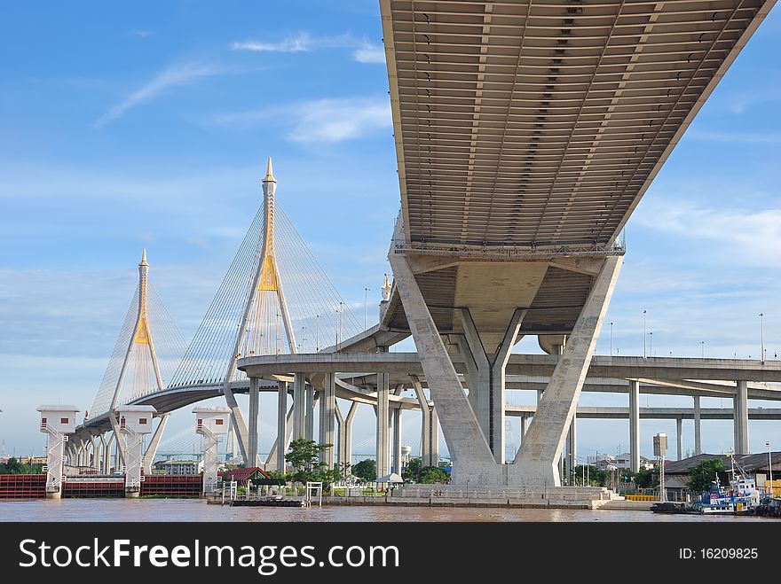 Under the suspension bridge with brighten sky view