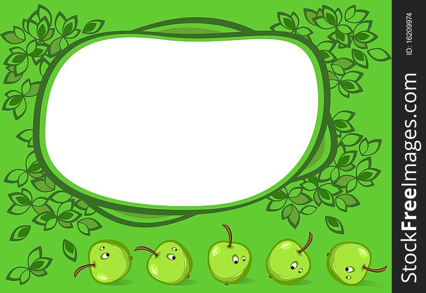 Framework of green color. Round it leaves. Apples in style of comics. Framework of green color. Round it leaves. Apples in style of comics.
