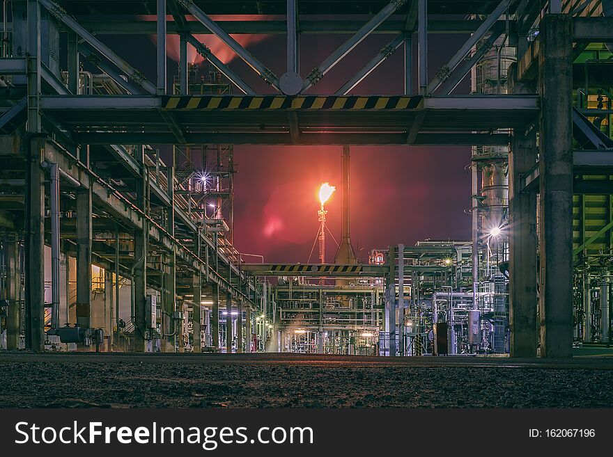 Pipeline and pipe rack of petroleum industrial plant at night. Pipeline and pipe rack of petroleum industrial plant at night
