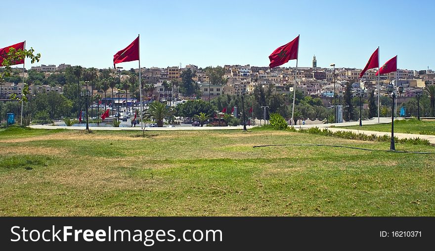 Panorama of Meknes with Moroccan flags