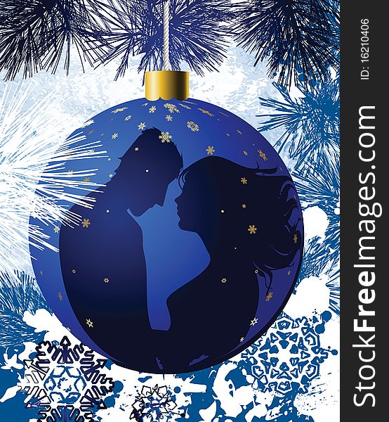 Christmas ball with kissing couple. All elements and textures are individual objects. Vector illustration scale to any size.