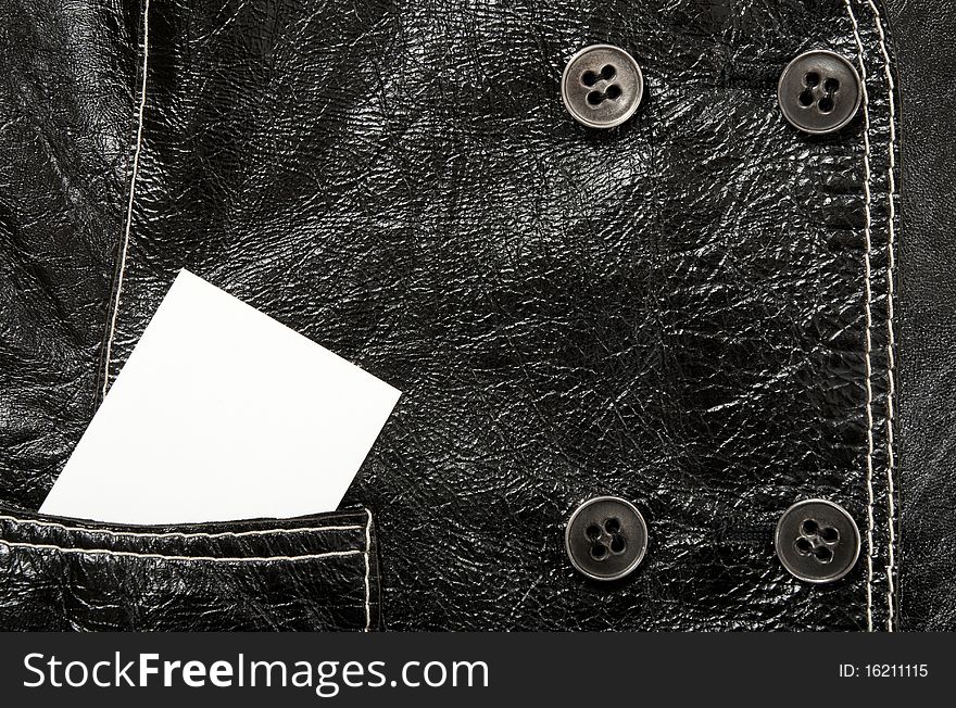Blank card with copy space in a pocket of black leather jacket with buttons. Blank card with copy space in a pocket of black leather jacket with buttons.