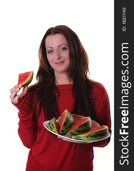 Woman with an red melon. Woman with an red melon