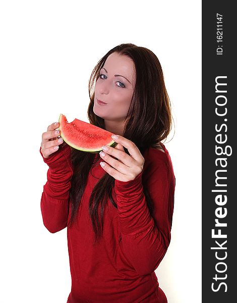 Woman with an red melon. Woman with an red melon