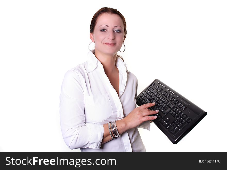 A woman with a keyboard. A woman with a keyboard
