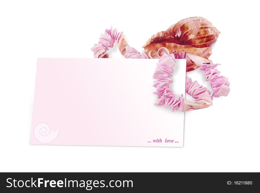 Pink envelope with seashells on white background