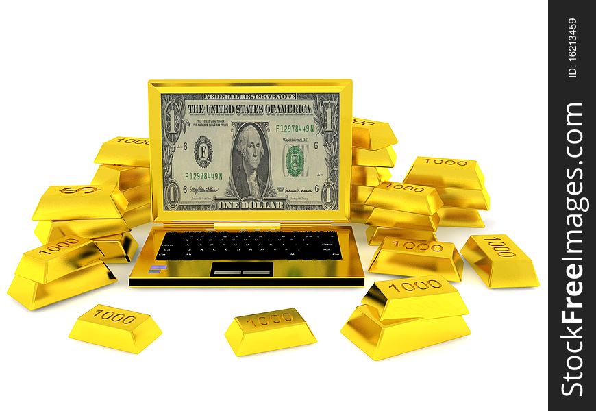 Three-dimensional Golden succsess computer surrounded golden bars