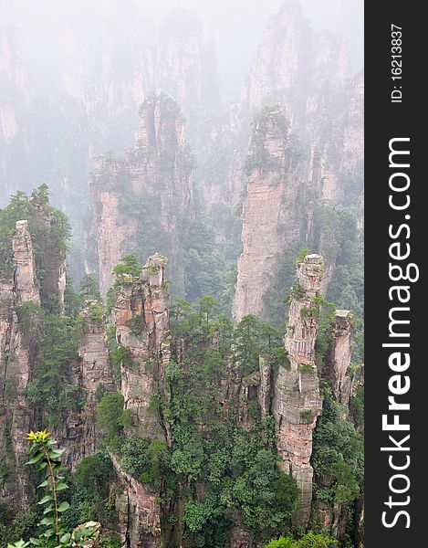 Mountain and featured rocks in light fog, locate in Southern of China, Zhangjiajie, Hunan province. Mountain and featured rocks in light fog, locate in Southern of China, Zhangjiajie, Hunan province.
