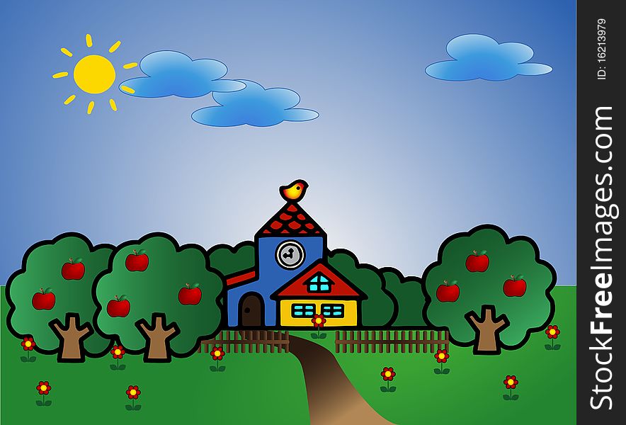 Spring summer landscape with cute tower, vector