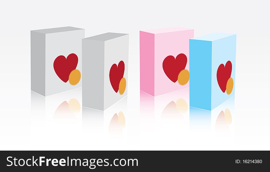 White, pink and blue boxes with hearts on front side. White, pink and blue boxes with hearts on front side