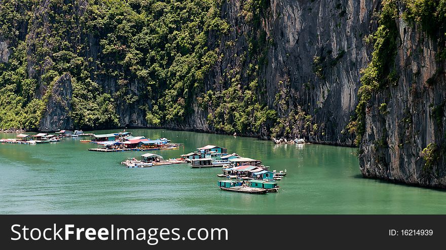 Floating village in Halong bay in Vietnam