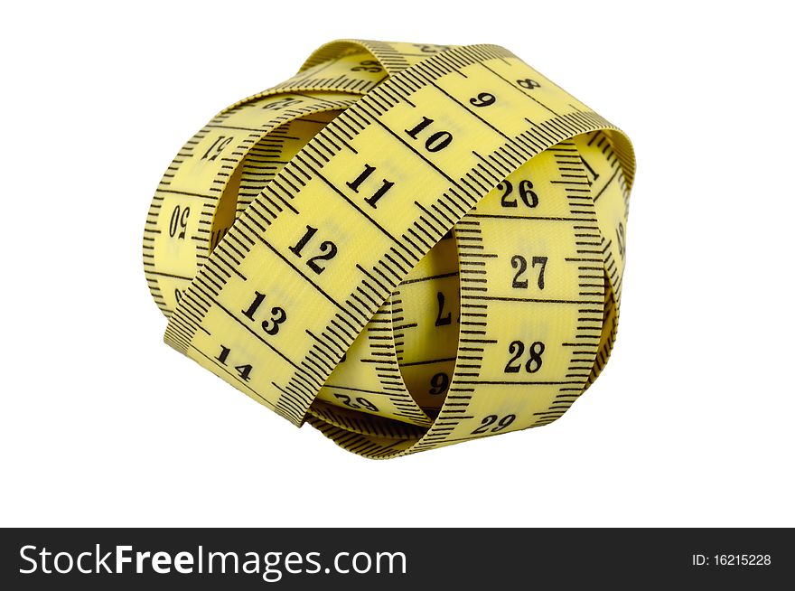 A coiled yellow measuring tape isolated on white background. A coiled yellow measuring tape isolated on white background.
