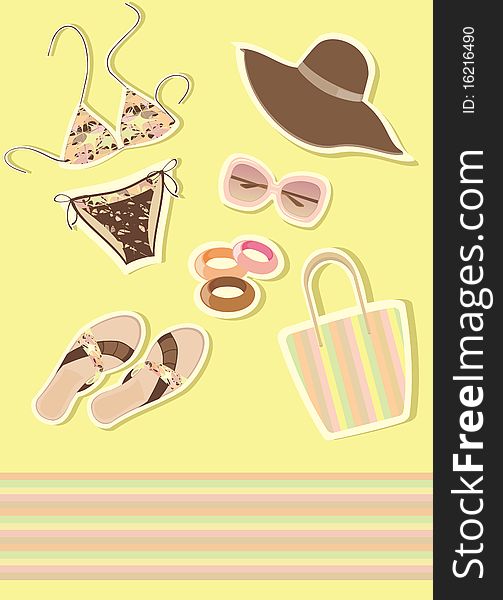 The image of the beach fashionable clothes and accessories. A vector illustration. The image of the beach fashionable clothes and accessories. A vector illustration