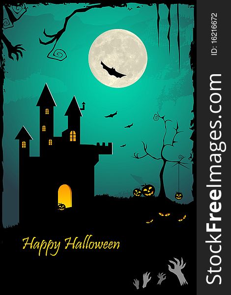 Illustration of halloween night with haunted castle and bat flying. Illustration of halloween night with haunted castle and bat flying