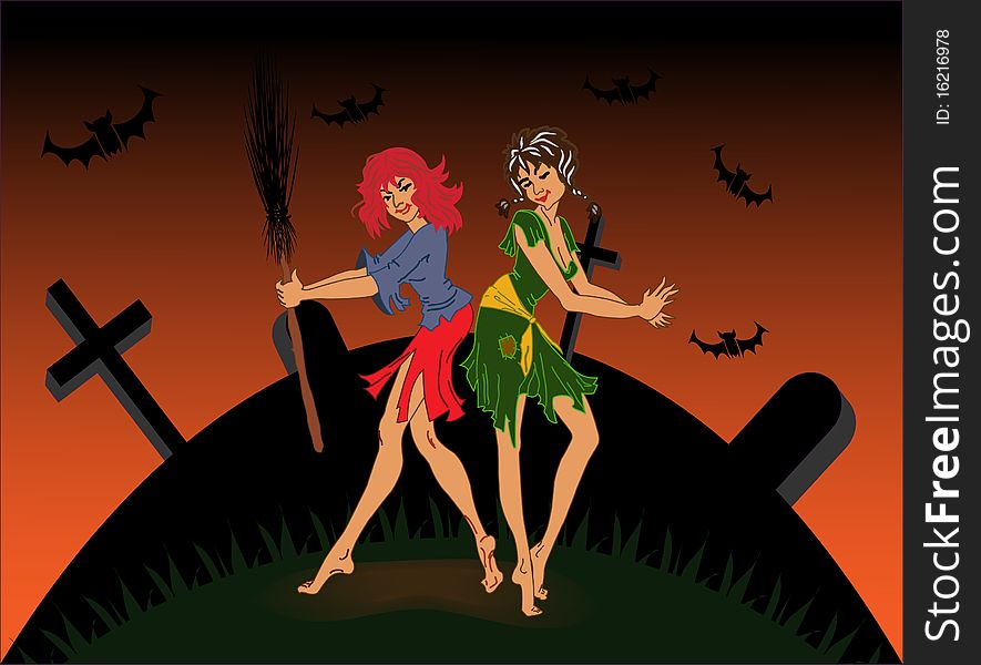 Two young witches dance in helloween