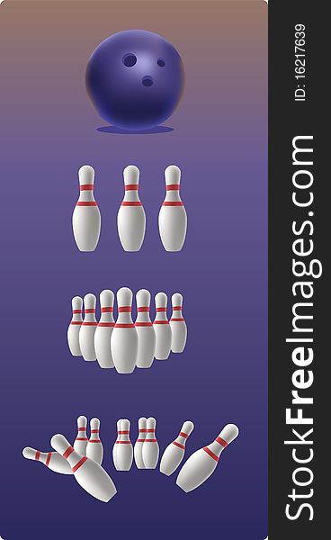 Bowling ball and pins on background. Bowling ball and pins on background.