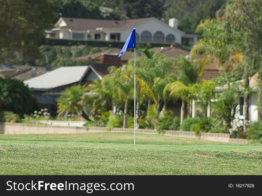 Blue golf flag on a golf course.