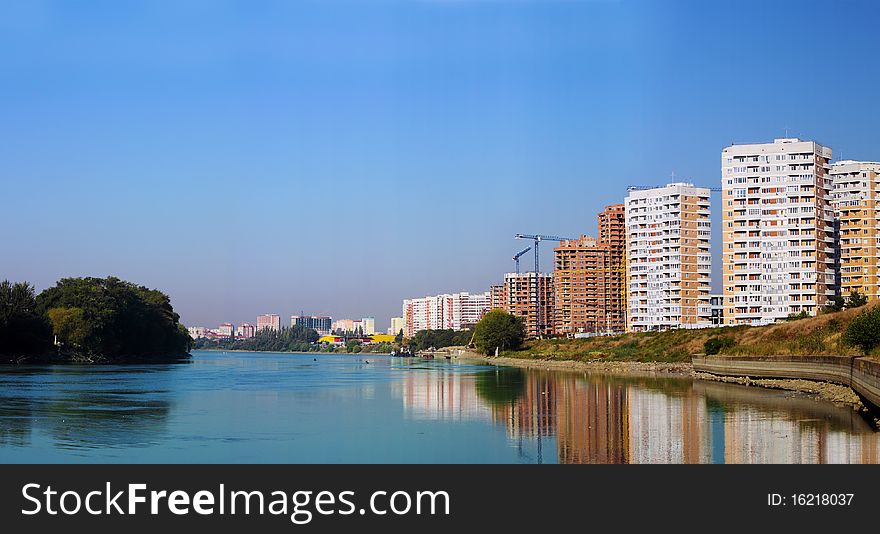 Panorama of construction of new city area on coast of the river. Panorama of construction of new city area on coast of the river