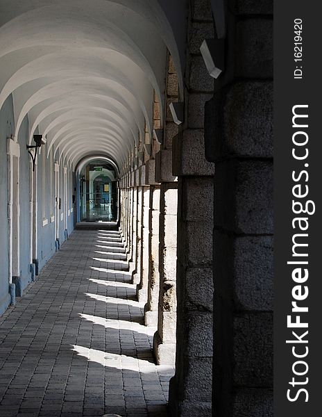 Arches and carved columns at National Museum in Dublin, Ireland