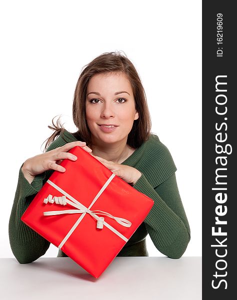 Beautiful women with red giftbox with white background