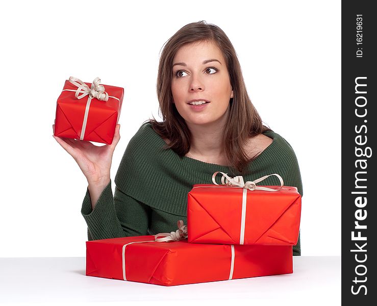 Young women holding red giftbox with white background