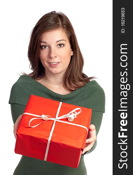 Beautiful women and red giftboxes with white background. Beautiful women and red giftboxes with white background