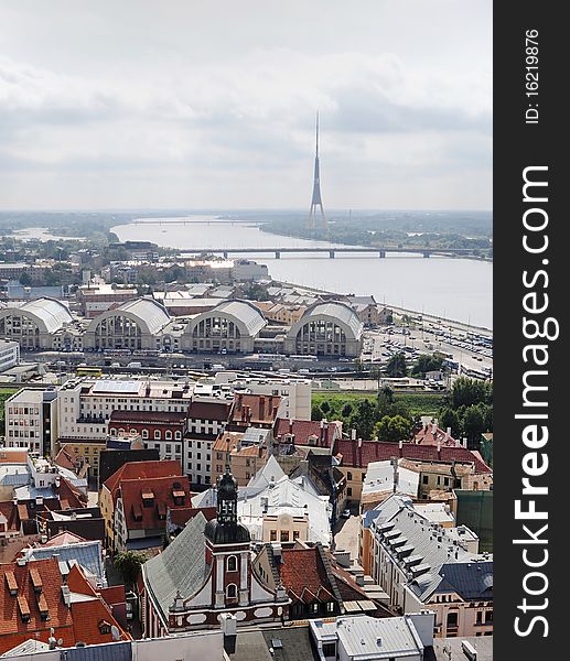 Bird's-eye view from Riga cathedral on Old town and Daugava river. Riga, Latvia