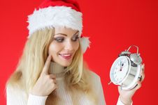 Santa Girl Holding Alarm Clock Royalty Free Stock Images Santa Girl Holding Alarm Clock Royalty Free Stock Images