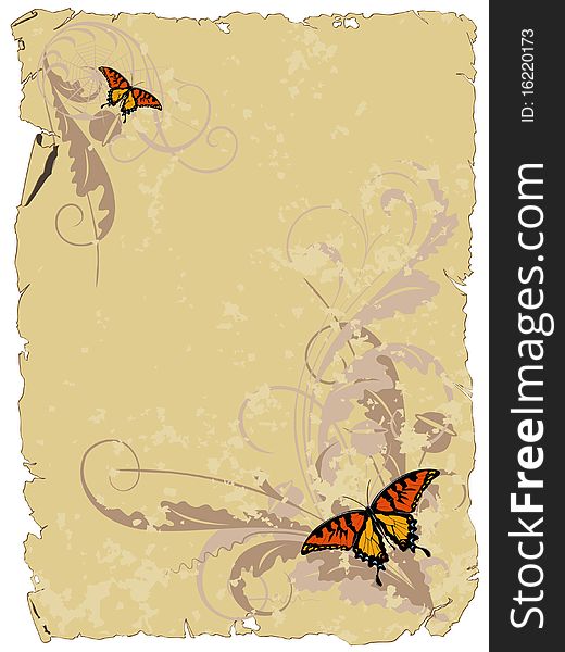 Vector background with a flower, plant and butterfly