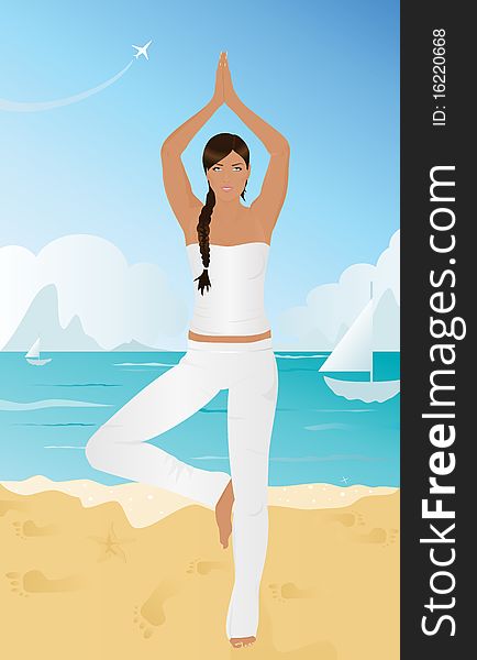 Vector Illustration Of Yoga On The Beach