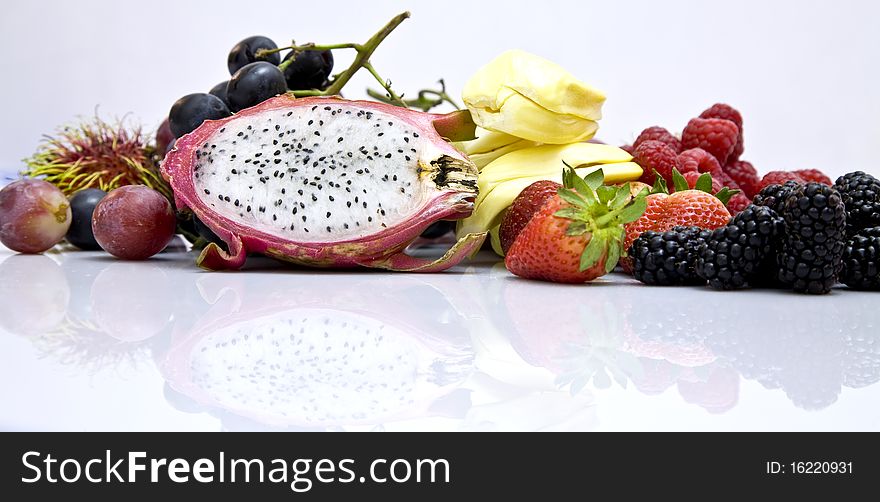 Fruits displayed on a white background