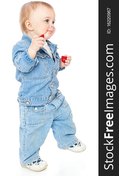 Boy with strawberry. Isolated on white background