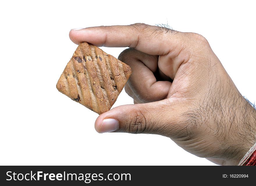 Male hand holding chocolate chip cookie on white background.