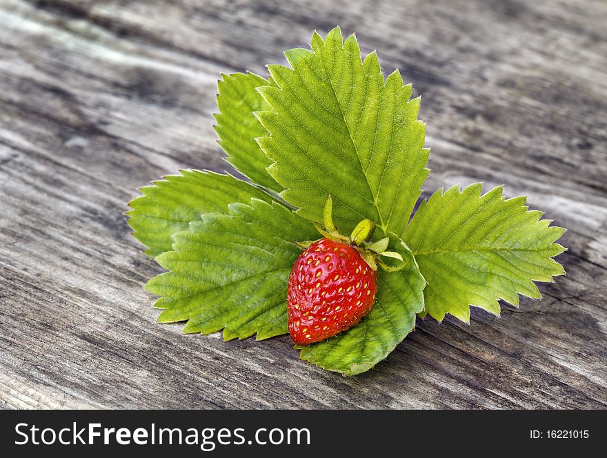 Fresh ripe strawbery with green leaves on wooden background. Fresh ripe strawbery with green leaves on wooden background