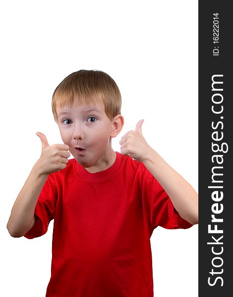 Happy boy shows the sign OK on a white background. Happy boy shows the sign OK on a white background