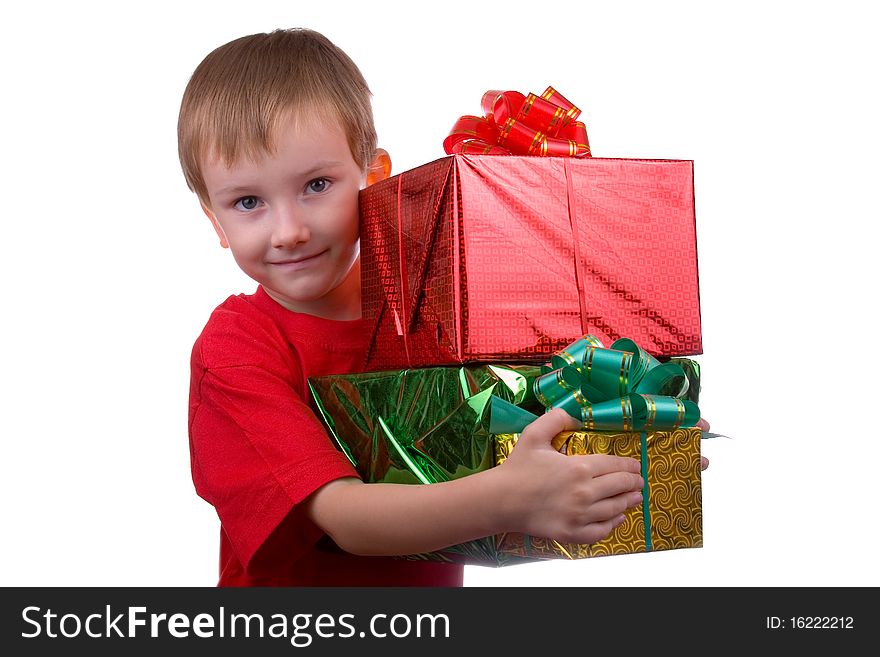 Happy boy with presents isolated on white background