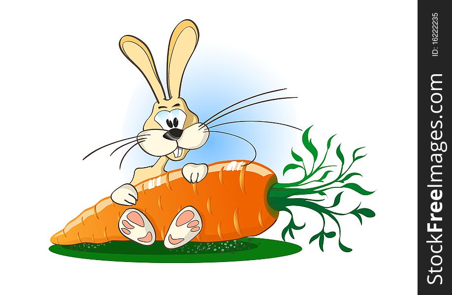 Bunny with big orange carrot sits on a grass. Bunny with big orange carrot sits on a grass