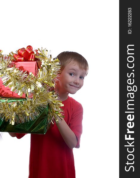 Happy boy with presents isolated on white background