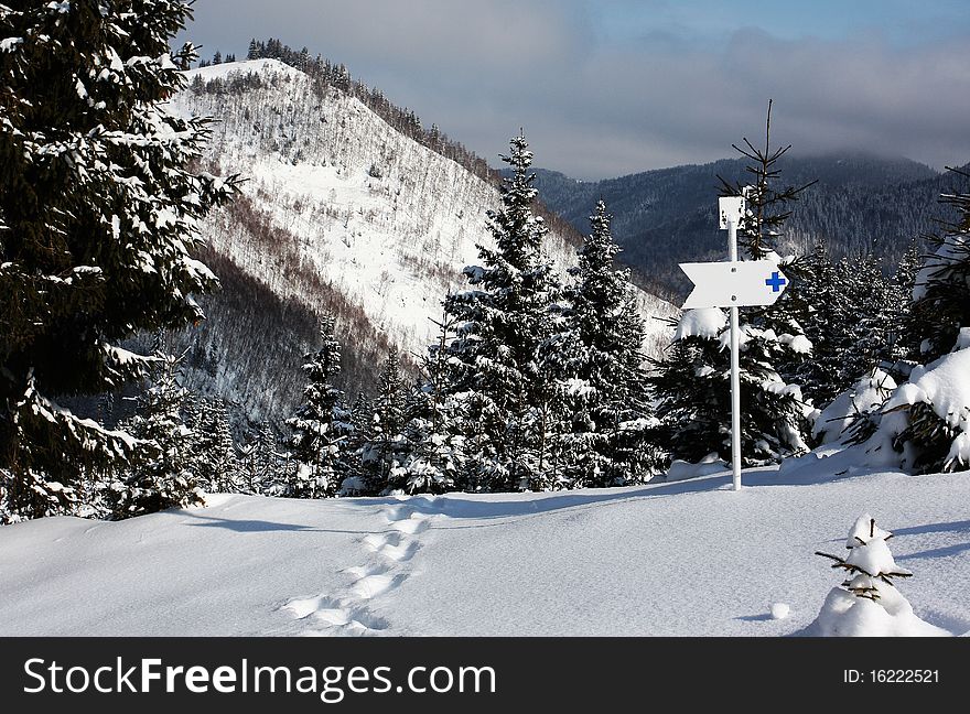 Directional sign in mountains; and thick snow. Directional sign in mountains; and thick snow