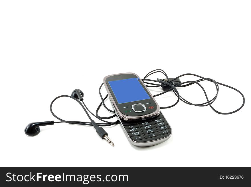The mobile phone with an accessory is isolated on a white background. The mobile phone with an accessory is isolated on a white background