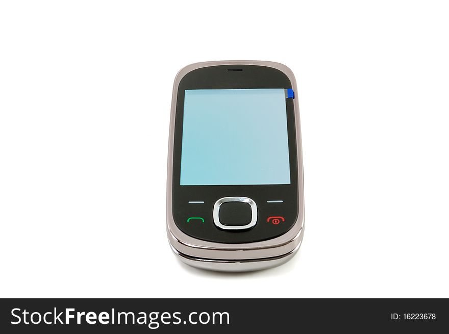 The mobile phone is isolated on a white background