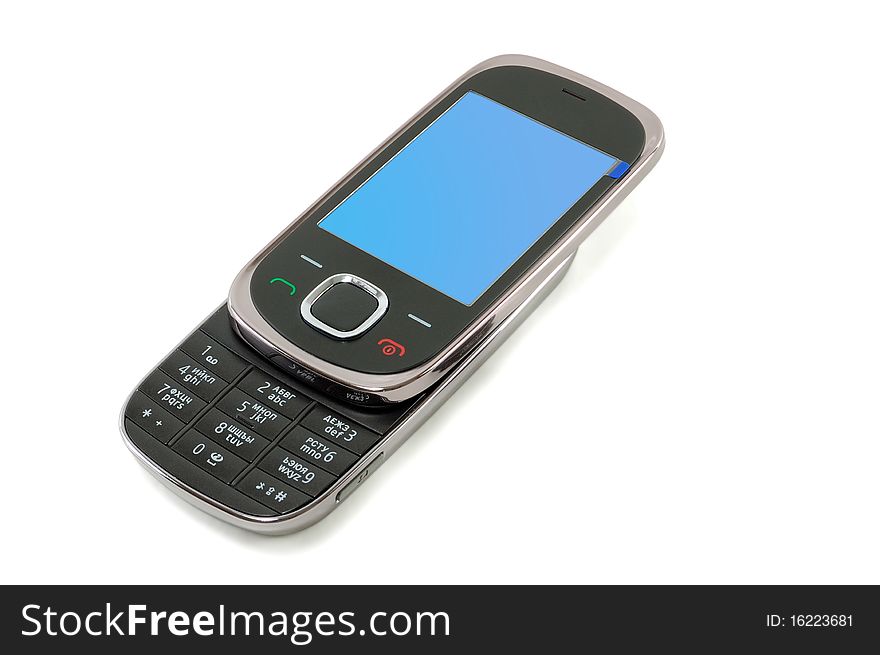 The mobile phone is isolated on a white background