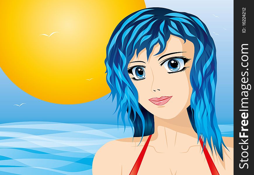 Girl with deep blue eyes and hair on the seaside