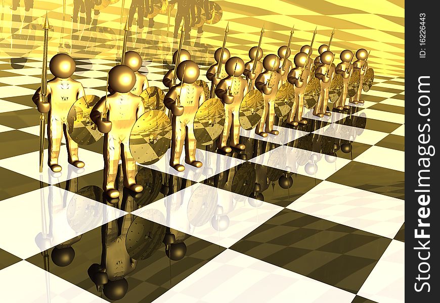 Gold soldiers with swords on the chess board. Gold soldiers with swords on the chess board.